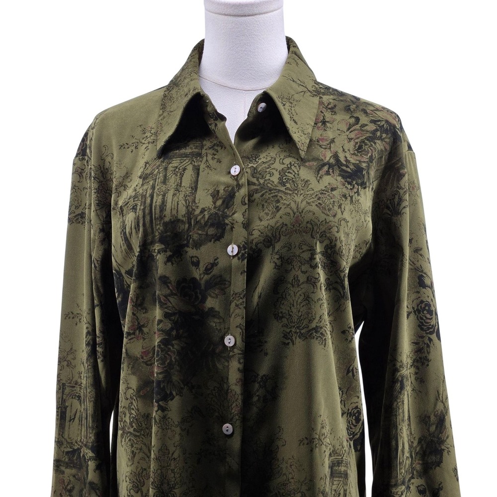 Soft Surroundings Tunic Womens TL Green Collared Lightweight Relaxed Fit Satin
